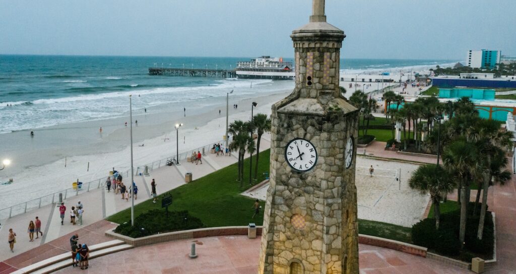 Daytona Beach boardwalk, pier and clock, a hub for family activities